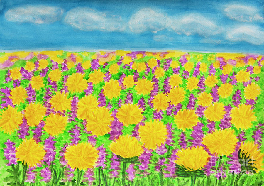 Yellow dandelions and purple spring flowers Painting by Irina Afonskaya