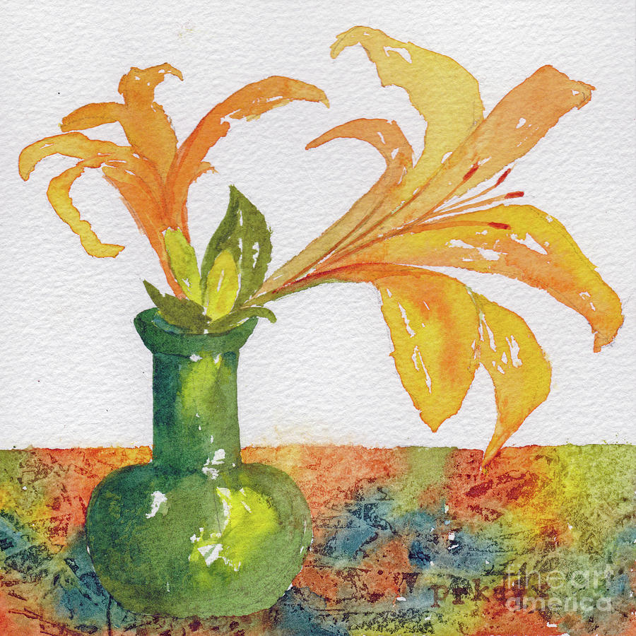 Yellow Day Lily Green Vase Painting by Pat Katz