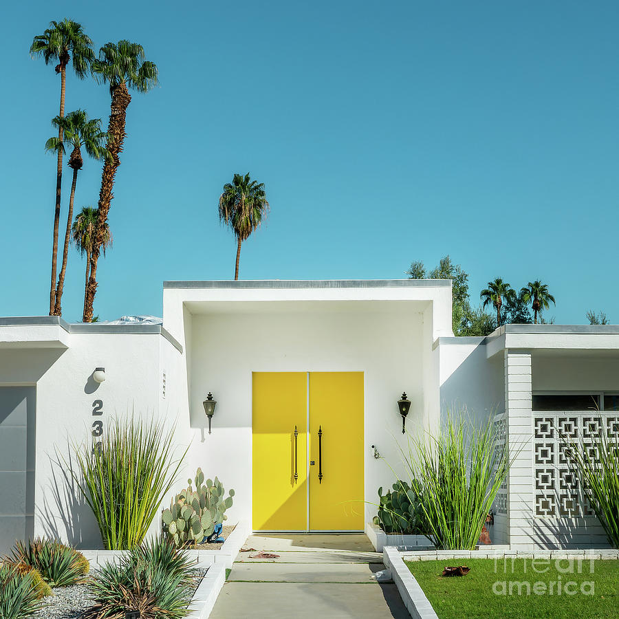 Yellow door, mid-century house, Palm Springs Photograph by Delphimages Photo Creations