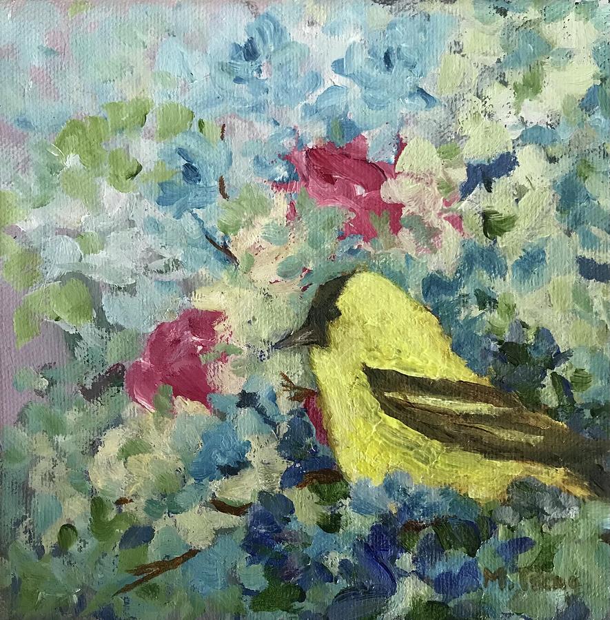 Yellow finch and blossoms Painting by Milly Tseng