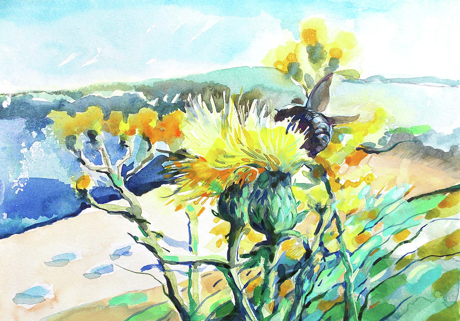 Yellow flower and black bumblebee Painting by Katya Atanasova