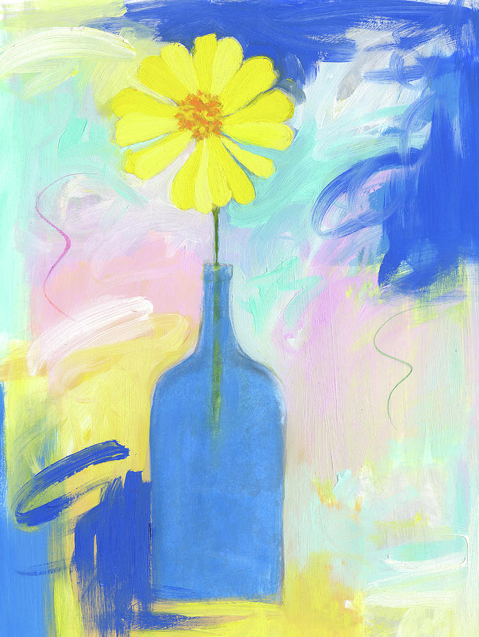 Yellow Flower Blue Bottle Painting by Patricia Brown