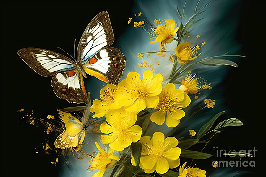 Wildlife Painting - Yellow Flower Butterfly Art - AI Generated by N Akkash