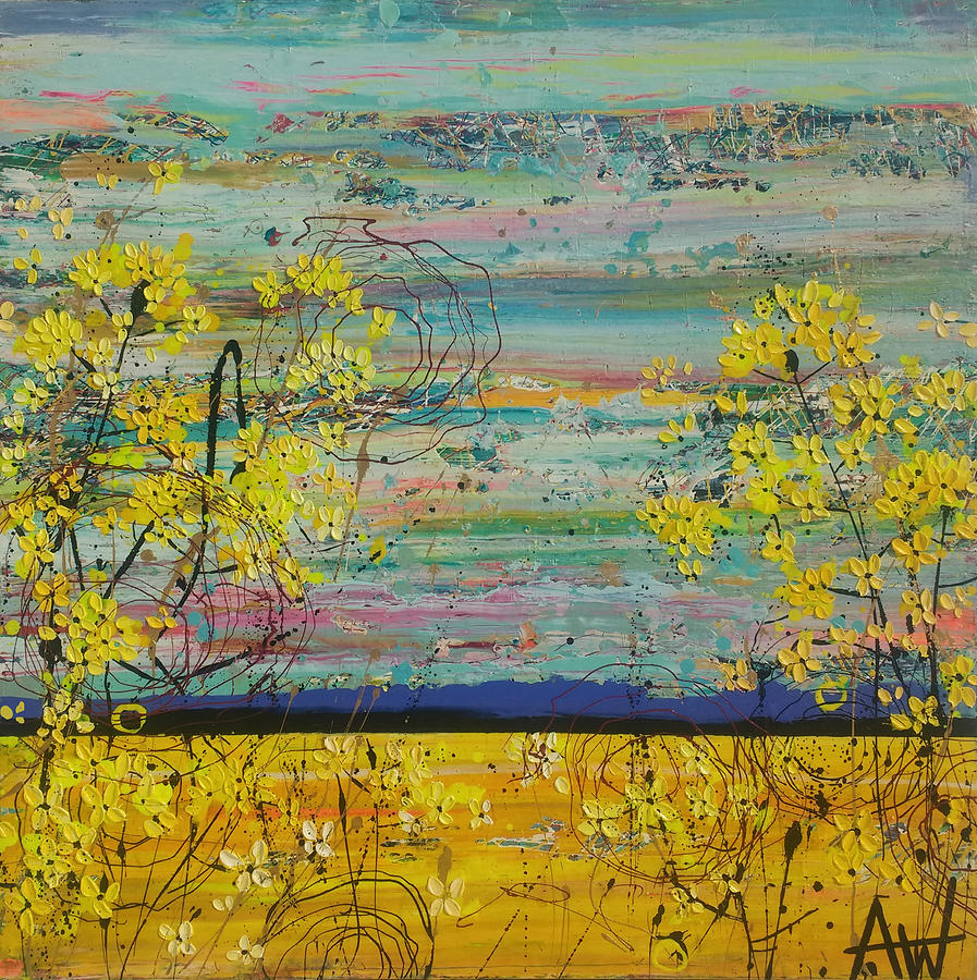 Yellow Flower Fields Painting by Angie Wright