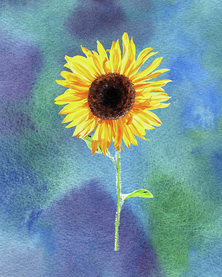 Yellow Flower Happy Sunflower On Blue Emerald Watercolor III Painting by Irina Sztukowski