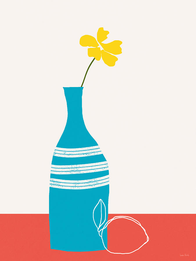 Yellow Flower In A Blue Bottle- Art by Linda Woods Digital Art by Linda Woods
