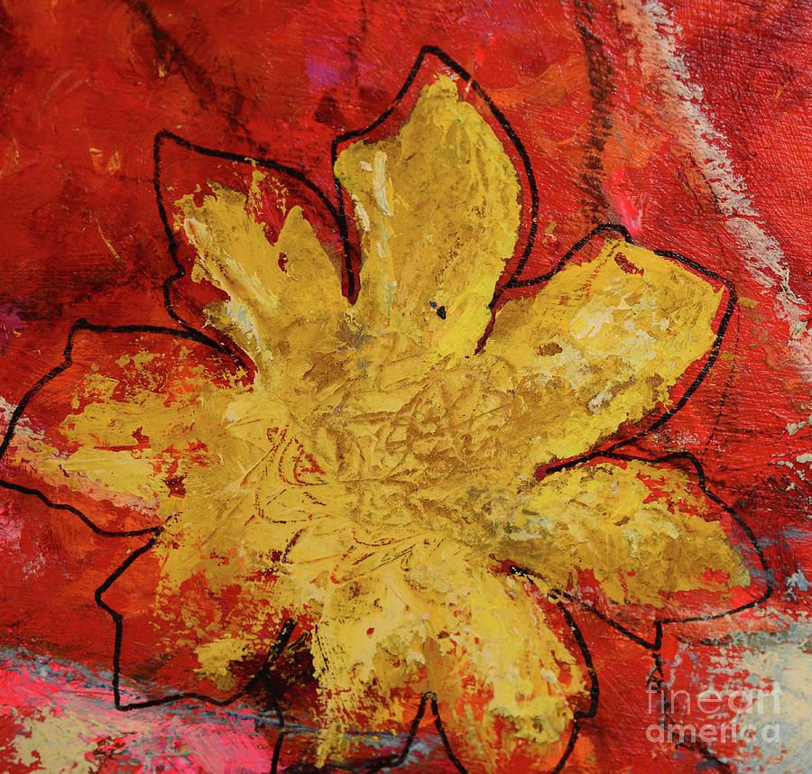 Abstract Digital Art - Yellow Flower on Red by Mini Arora