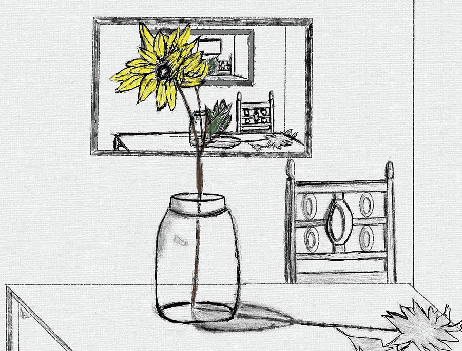 Yellow Flower on Table Drawing by Steve Carpentier