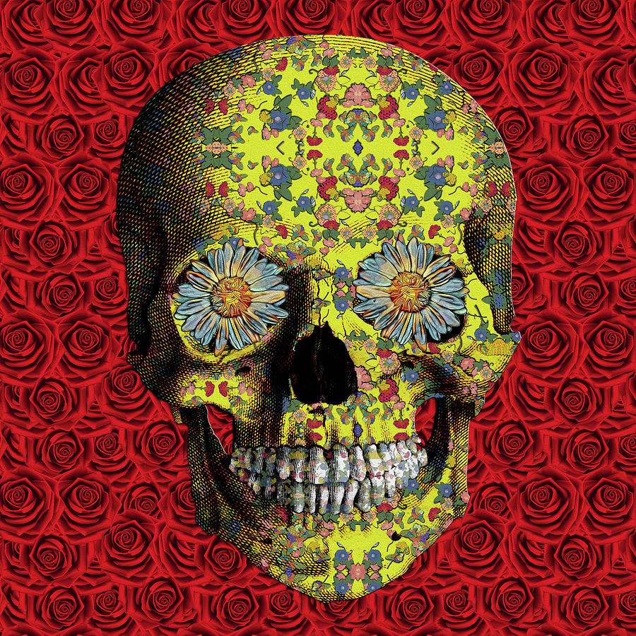 Yellow Flower Skull on a Bed of Roses Digital Art by Diego Taborda