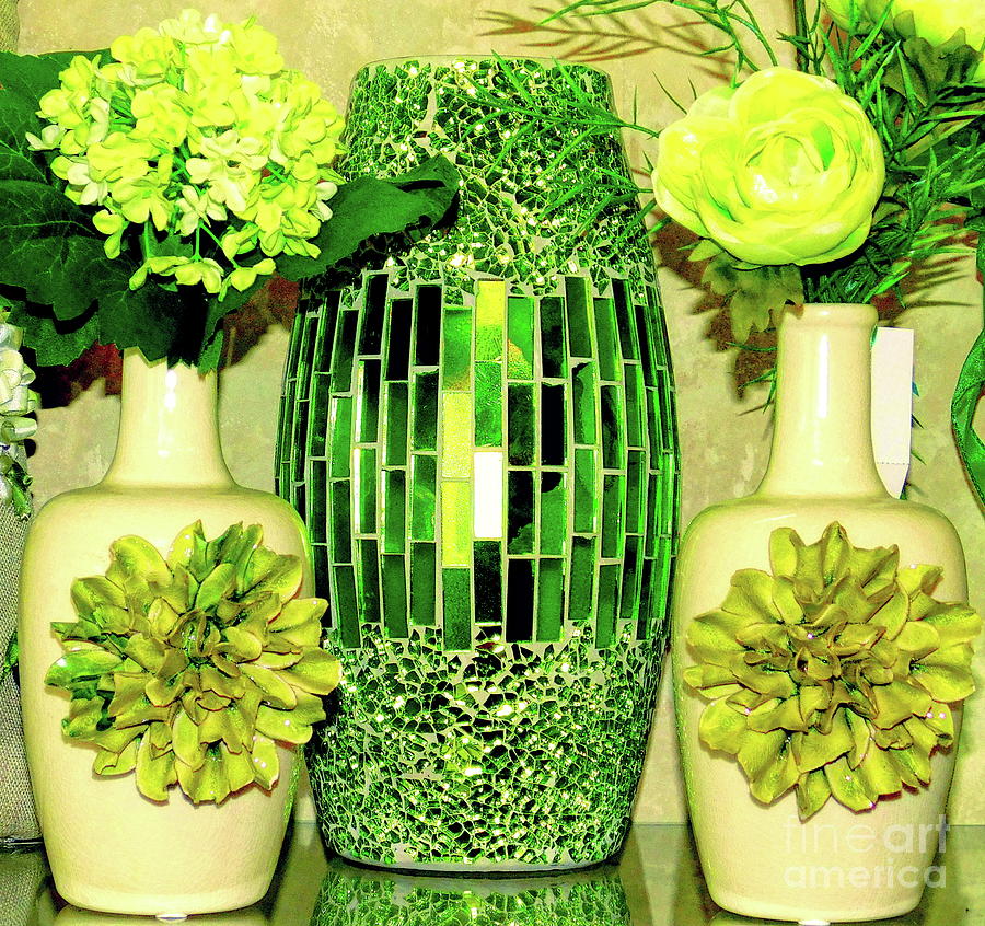 Flower Photograph - Yellow Flowers and Sparkling Green Stained Glass Vase by Rose Santuci-Sofranko