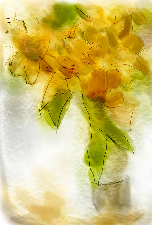 Yellow Flowers in Vase Digital Watercolor Digital Art by Cordia Murphy