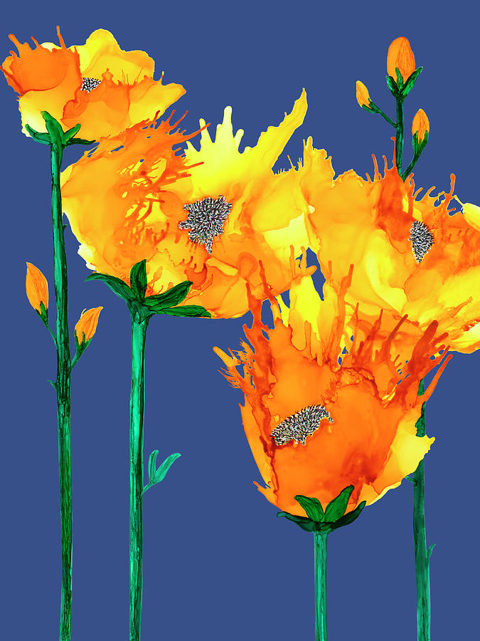 Blown Yellow Flowers On Blue Painting by Deborah League
