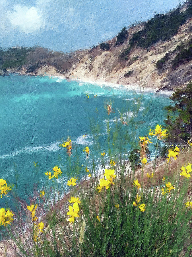Yellow Flowers over the Sea Bay Painting by Alex Mir