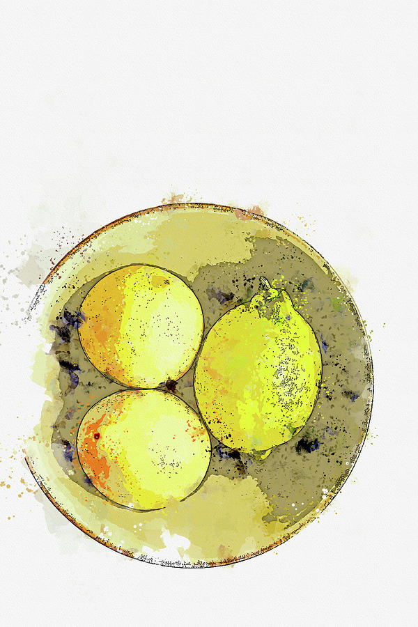 Yellow fresh organic lemons in a bowl, watercolor, ca 2020 by Ahmet Asar Digital Art by Celestial Images
