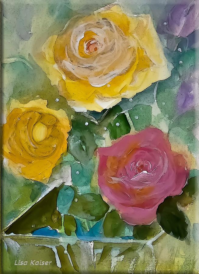 Yellow Friendship Roses With One Pink In A Glass Vase Painting by Lisa Kaiser