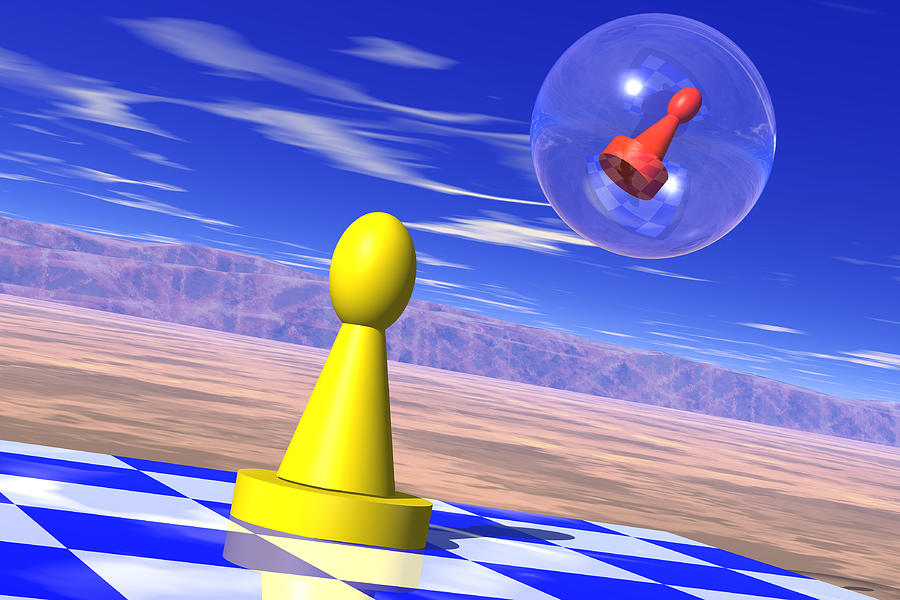 Yellow Game Piece Stands On A Chess Board While Red Piece Floats Away In A Bubble Drawing by Rubberball/Clark Dunbar