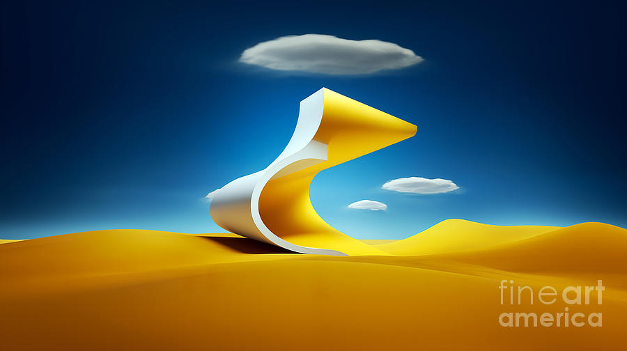 Yellow geometric shape in the desert with blue sky and clouds in the background Digital Art by Odon Czintos