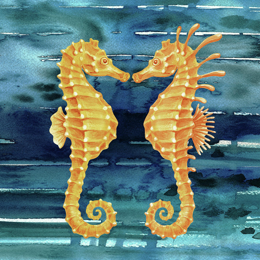 Yellow Gold Seahorses In Blue Ocean Watercolor  Painting by Irina Sztukowski
