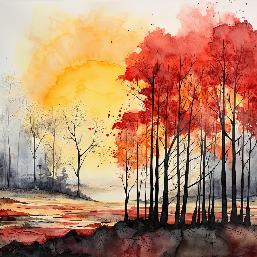 Yellow Gray and Red Landscapes Painting by Lourry Legarde