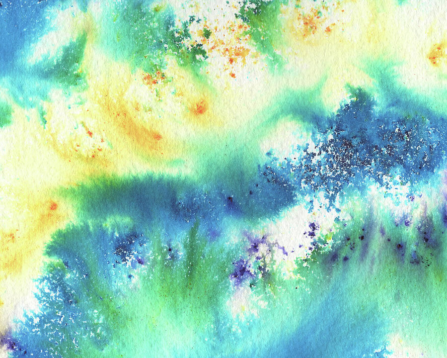 Yellow Green And Blue Tide Abstract Watercolor Splashes And Waves  Painting by Irina Sztukowski
