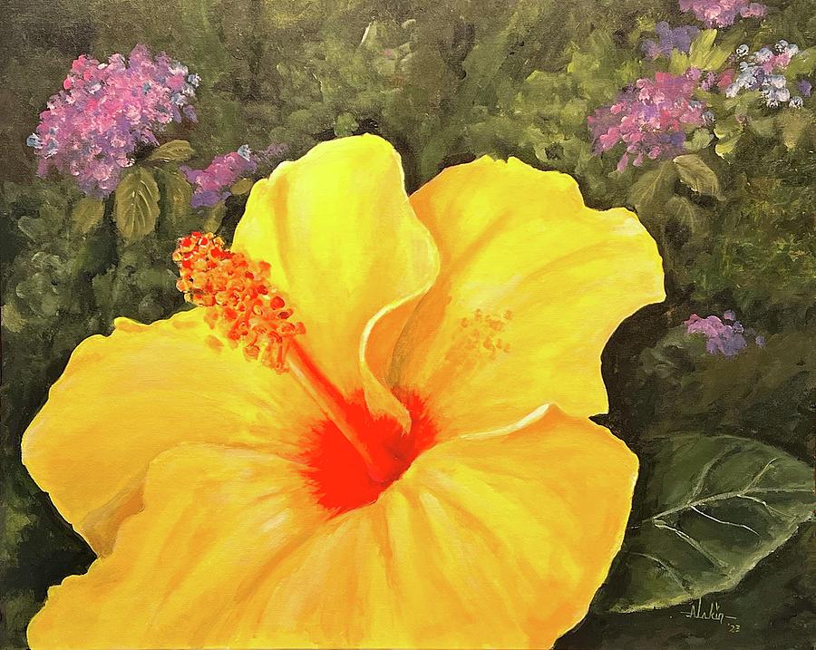 Yellow Hibiscus Painting by Alan Lakin