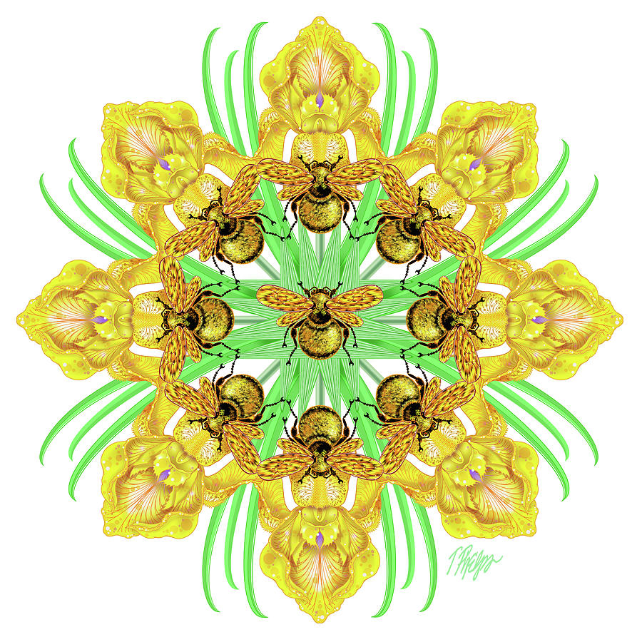 Yellow Iris Bumblebee Nature Mandala Digital Art by Tim Phelps
