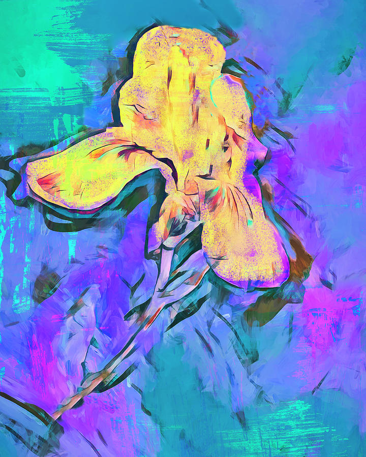 Yellow Iris On Blue Mixed Media by Ann Powell