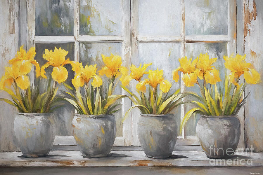 Yellow Irises In The Window Painting by Tina LeCour Yellow Irises In The Window Painting by Tina LeCour
