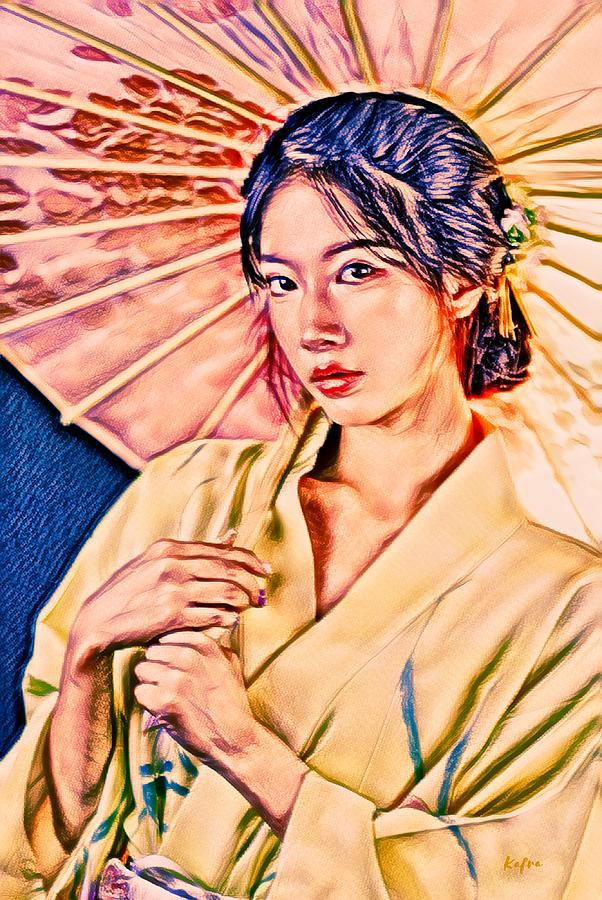 Portrait Mixed Media - Yellow Kimono by KaFra Art