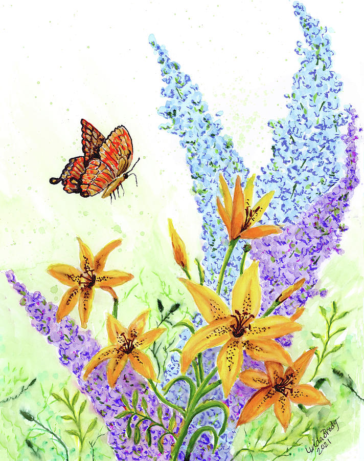 Yellow Lilies and the Butterfly Painting by Linda Brody