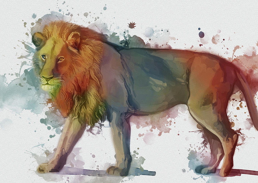 Yellow Lion Watercolor Digital Art