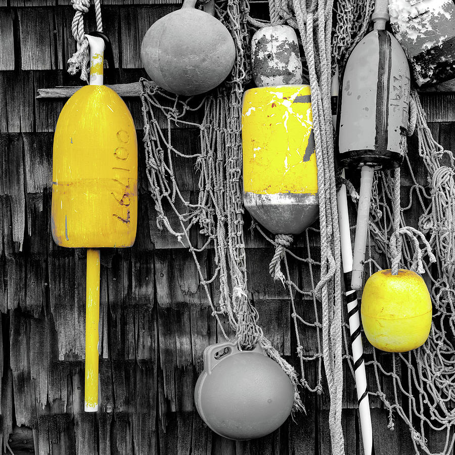 Yellow Lobster Buoys at Rockport Harbor - New England Photograph by Gregory Ballos