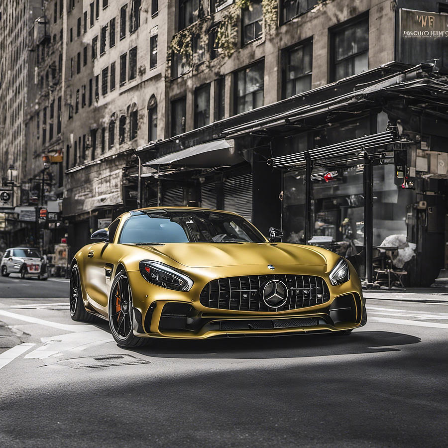 Yellow Digital Art - Yellow Mercedes AMG GTR Car on the streets of New York by CarsToon Concept
