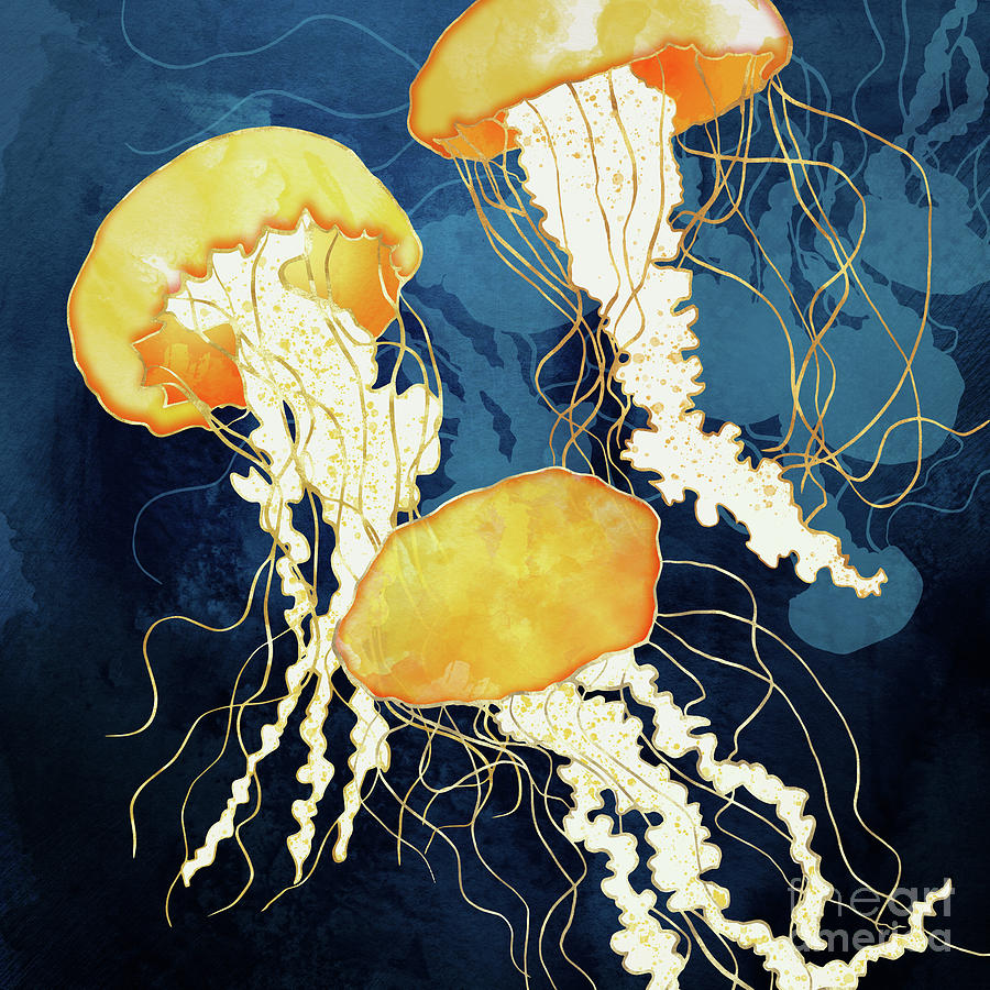 Nature Digital Art - Yellow Metallic Jellyfish by Spacefrog Designs
