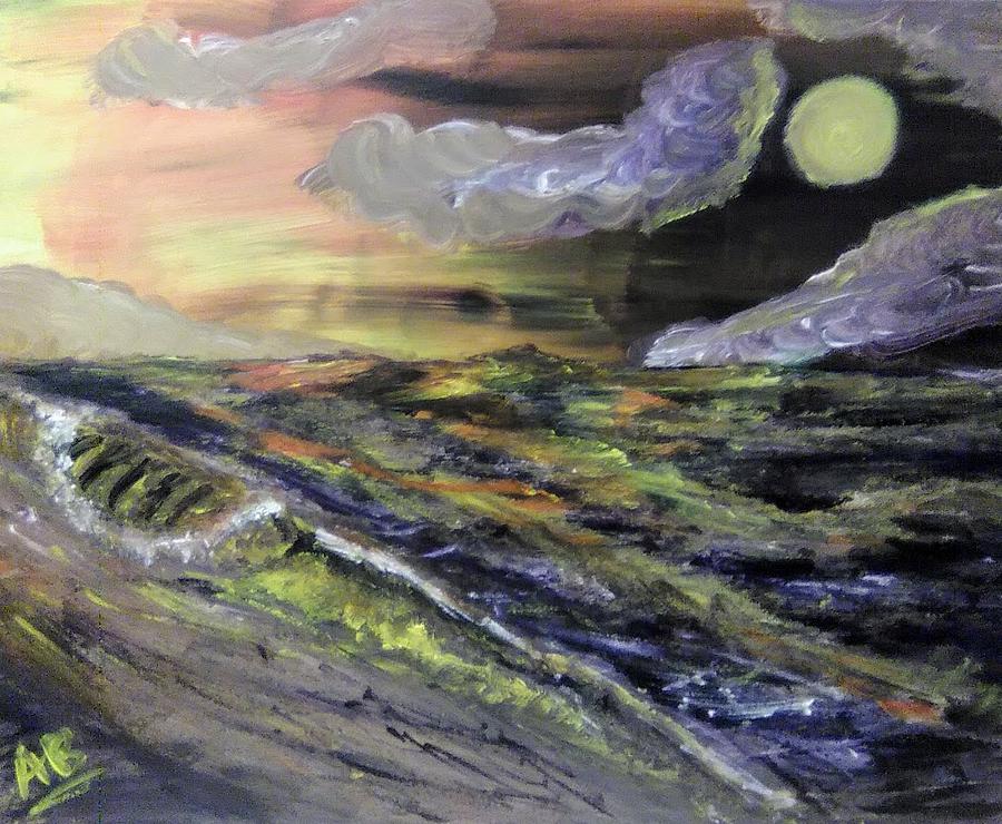 Yellow Moon on a Violet Ocean Painting by Andrew Blitman