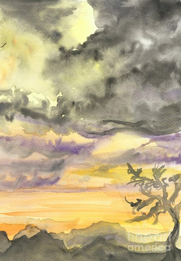 Yellow Mountain Sunset in Watercolor Painting by Expressions By Stephanie