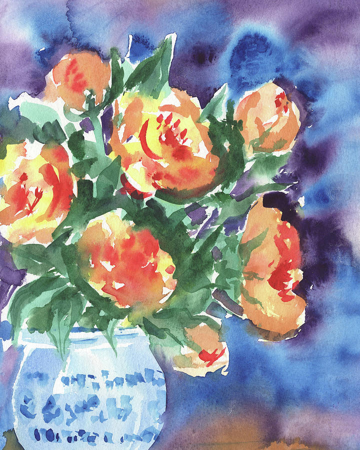 Yellow Orange Abstract Floral Watercolor Roses In Vase Painting by Irina Sztukowski