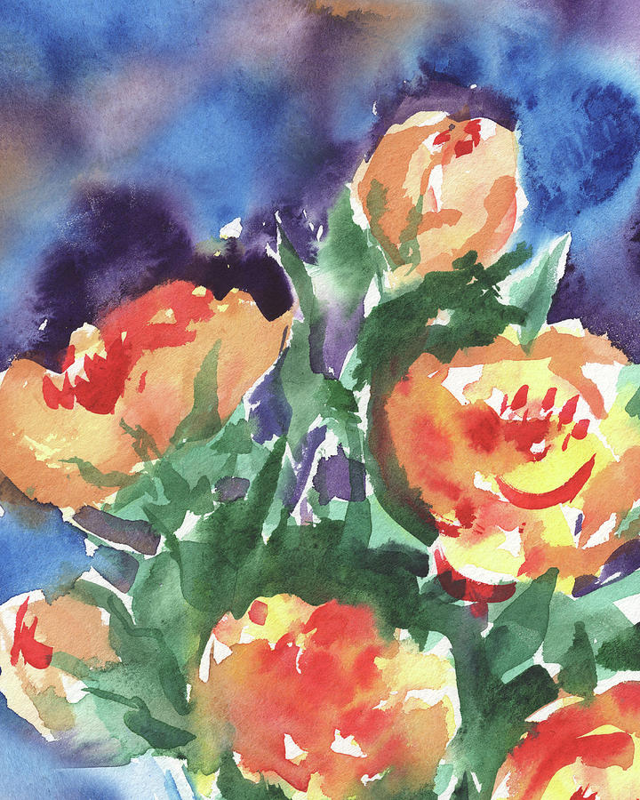 Yellow Orange Abstract Watercolor Rose Garden Painting by Irina Sztukowski