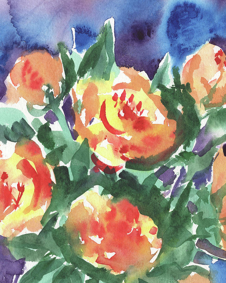 Yellow Orange Abstract Watercolor Roses  Painting by Irina Sztukowski
