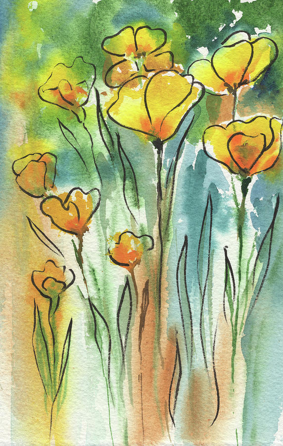 Yellow Orange California Poppies Abstract Watercolor Flowers  Painting by Irina Sztukowski