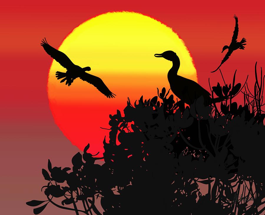 Yellow Orange Red Sun Setting Behind Mangroves And Cormorants Silhouettes Painting by Joan Stratton