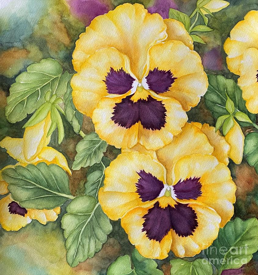 Yellow pansies, closeup Painting by Inese Poga