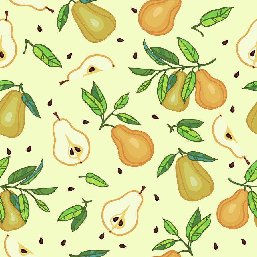 Yellow Pears With Leaves Seamless Pattern. Colorful Fruits Illustration. Drawing