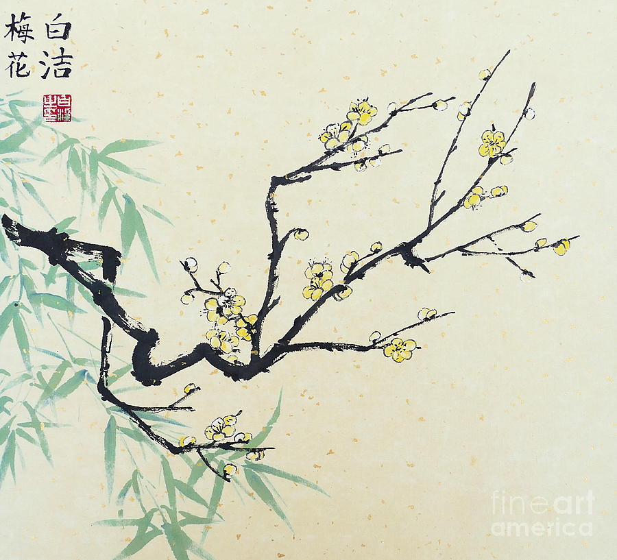 Nature Painting - Yellow Plum Blossom with Green Bamboo by Birgit Moldenhauer