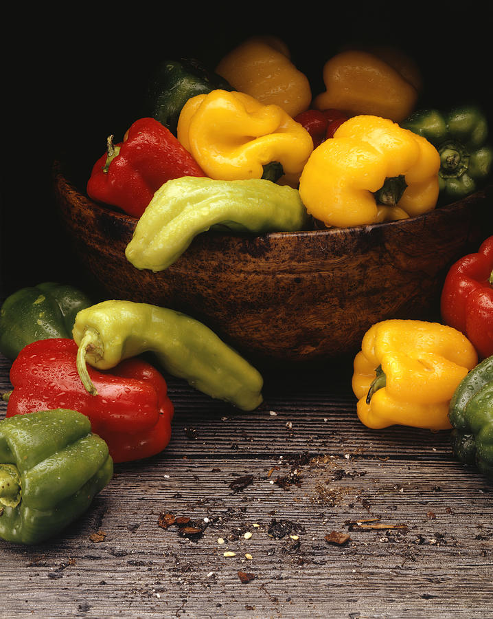 Yellow, red and green peppers in bowl, (Close-up) Photograph by Paul Katz