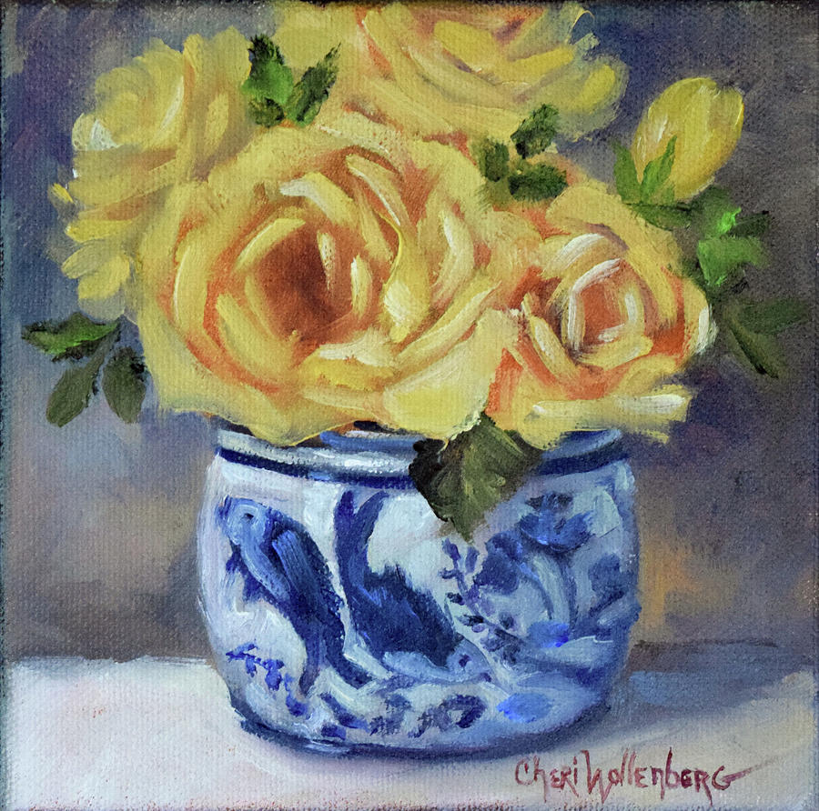 Yellow Rose Bouquet in Blue and White Vase Painting by Cheri Wollenberg