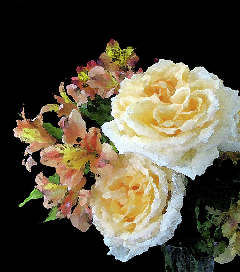 Yellow Rose Bouquet with Alstroemeria on Black Background Photograph by Corinne Carroll