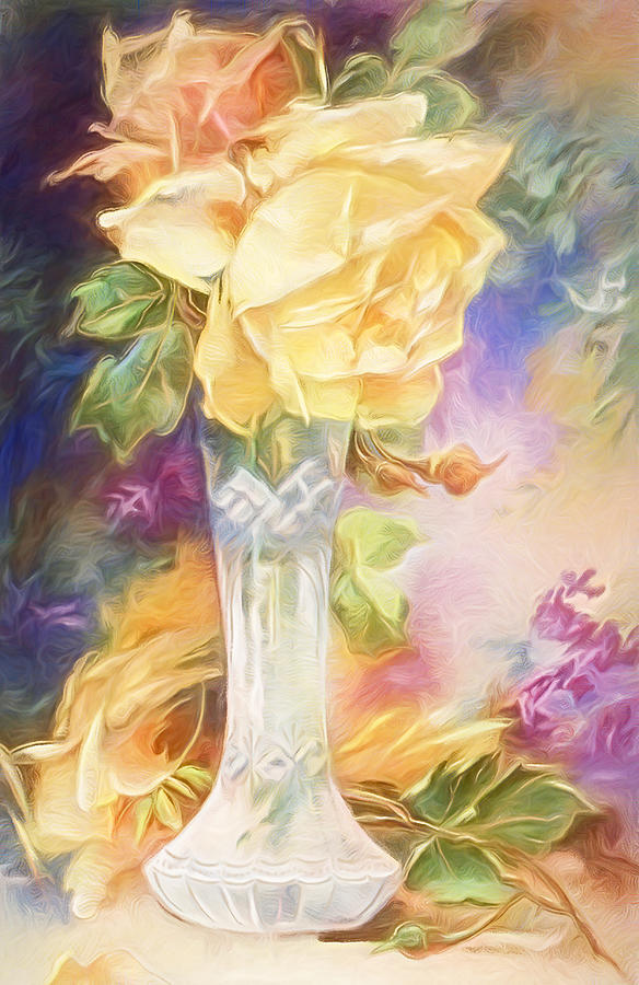 Yellow Rose in a Crystal Glass Vase Mixed Media by Susan Hope Finley