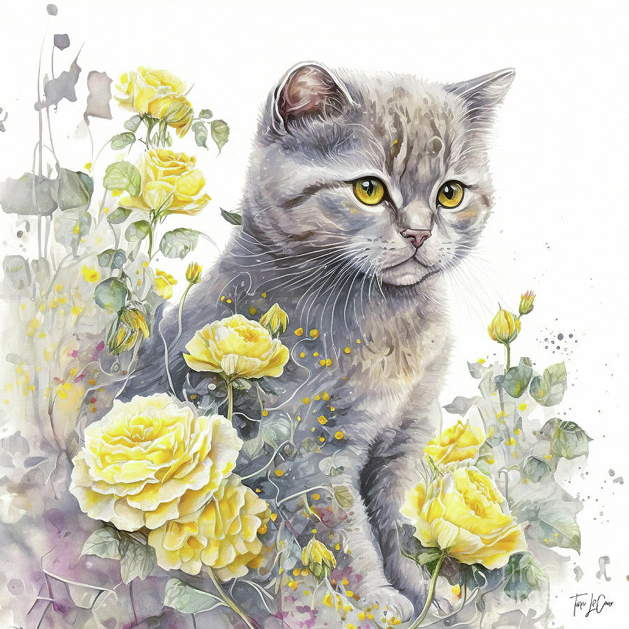 Cat Painting - Yellow Rose Kitten by Tina LeCour