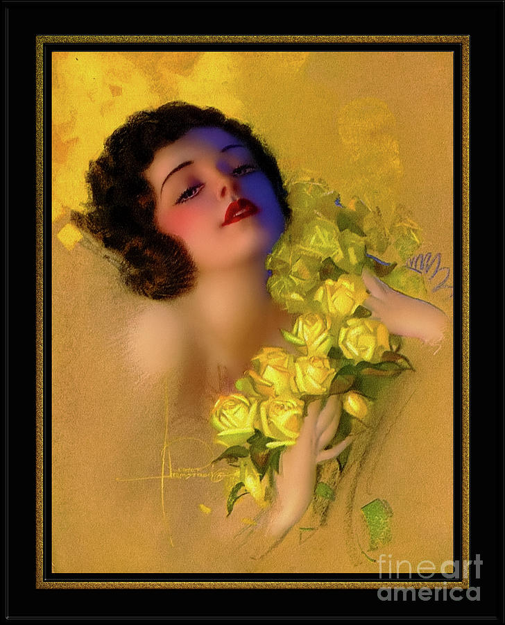 Yellow Roses by Rolf Armstrong Vintage Illustration Xzendor7 Art Reproductions Painting by Rolando Burbon
